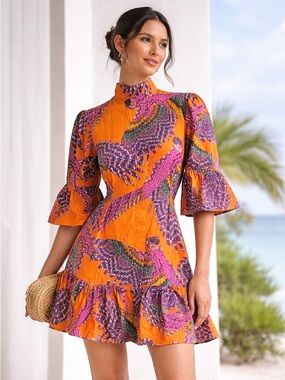 Farm Rio Parrot Print Mini Dress S Mock Neck Puff Sleeve Tiered Boho